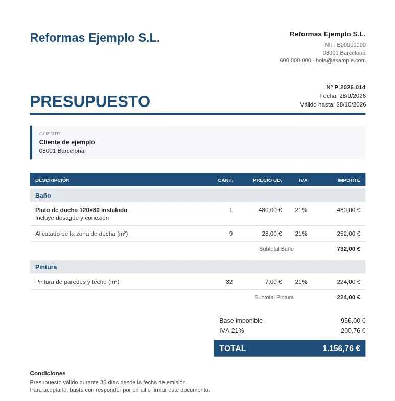 Primera página de un presupuesto en PDF hecho con Presupueston, con datos ficticios