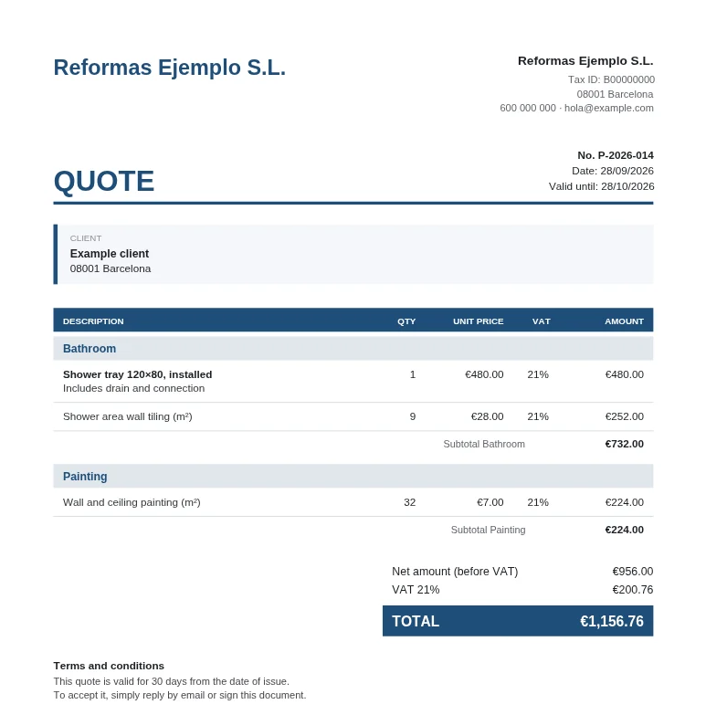 First page of a PDF quote made with Presupueston, with fictitious data