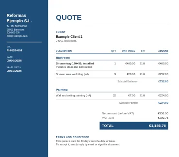 Sidebar: Coloured column on the left with your logo, your details and the document data.